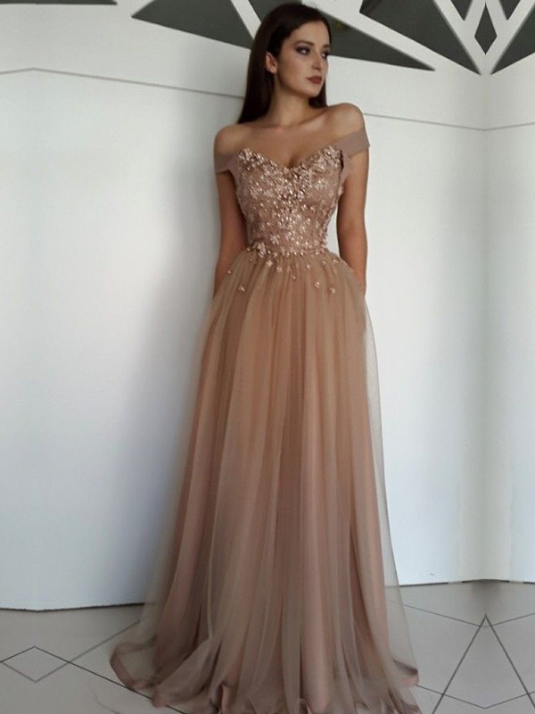 A-Line/Princess Sleeveless Off-the-Shoulder Floor-Length Applique Tulle Dresses 4549