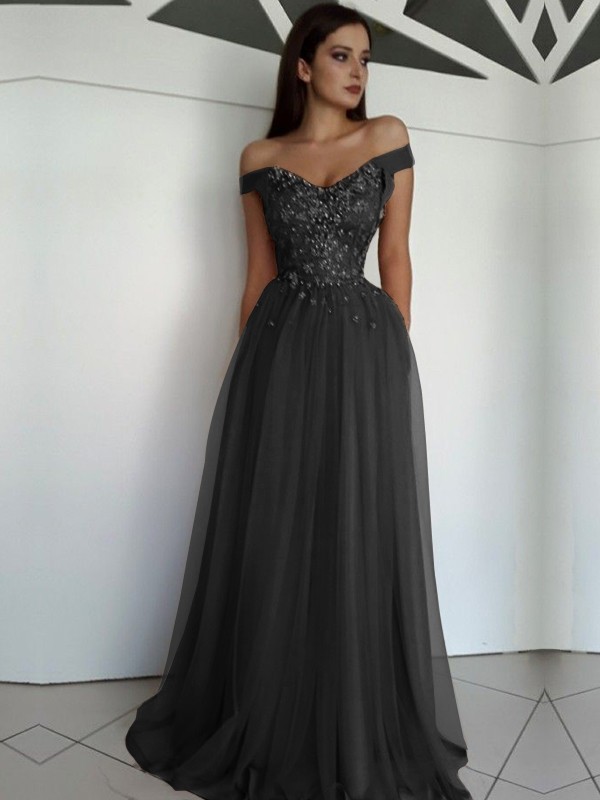 A-Line/Princess Sleeveless Off-the-Shoulder Floor-Length Applique Tulle Dresses 4549