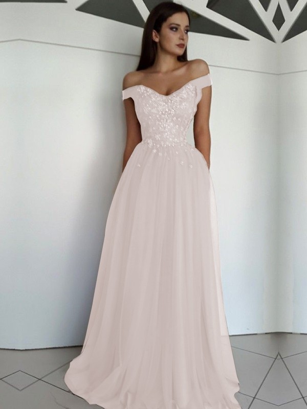 A-Line/Princess Sleeveless Off-the-Shoulder Floor-Length Applique Tulle Dresses 4549