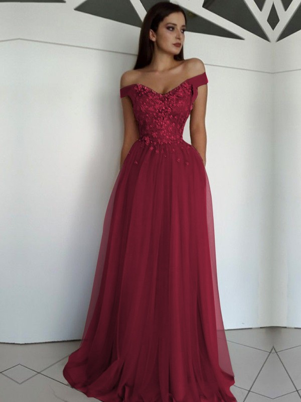 A-Line/Princess Sleeveless Off-the-Shoulder Floor-Length Applique Tulle Dresses 4549