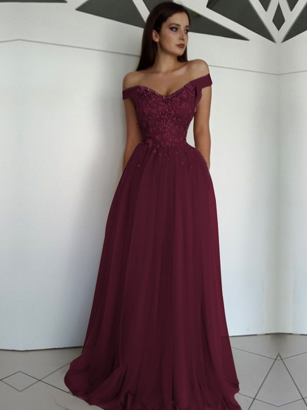 A-Line/Princess Sleeveless Off-the-Shoulder Floor-Length Applique Tulle Dresses 4549