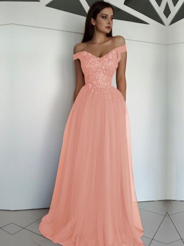 A-Line/Princess Sleeveless Off-the-Shoulder Floor-Length Applique Tulle Dresses 4549