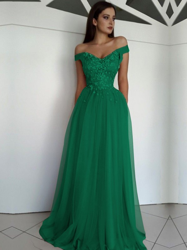 A-Line/Princess Sleeveless Off-the-Shoulder Floor-Length Applique Tulle Dresses 4549