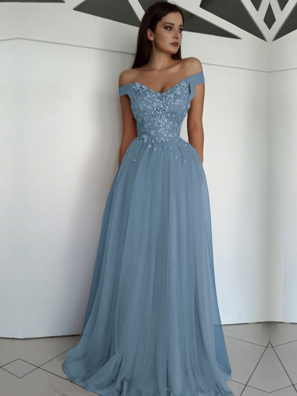 A-Line/Princess Sleeveless Off-the-Shoulder Floor-Length Applique Tulle Dresses 4549