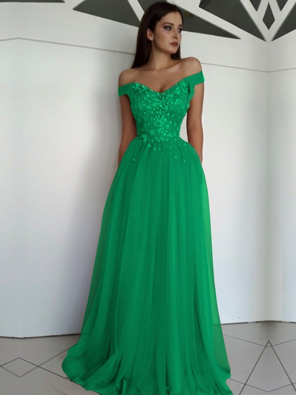 A-Line/Princess Sleeveless Off-the-Shoulder Floor-Length Applique Tulle Dresses 4549