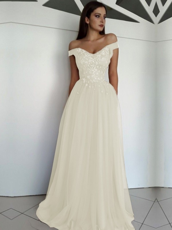 A-Line/Princess Sleeveless Off-the-Shoulder Floor-Length Applique Tulle Dresses 4549