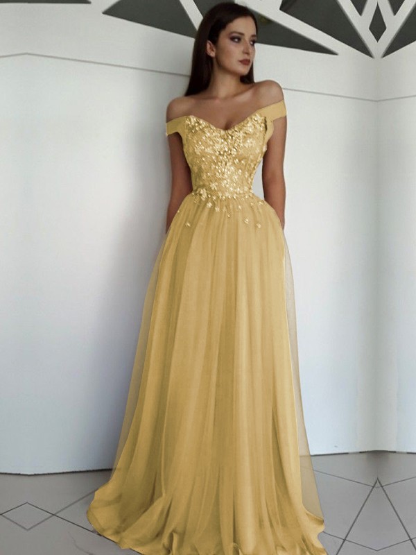 A-Line/Princess Sleeveless Off-the-Shoulder Floor-Length Applique Tulle Dresses 4549