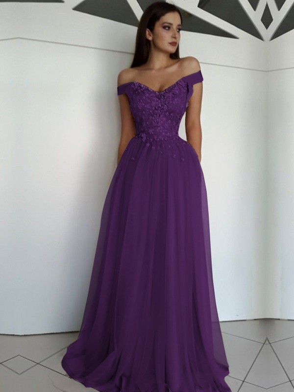 A-Line/Princess Sleeveless Off-the-Shoulder Floor-Length Applique Tulle Dresses 4549