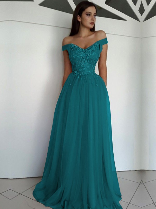 A-Line/Princess Sleeveless Off-the-Shoulder Floor-Length Applique Tulle Dresses 4549