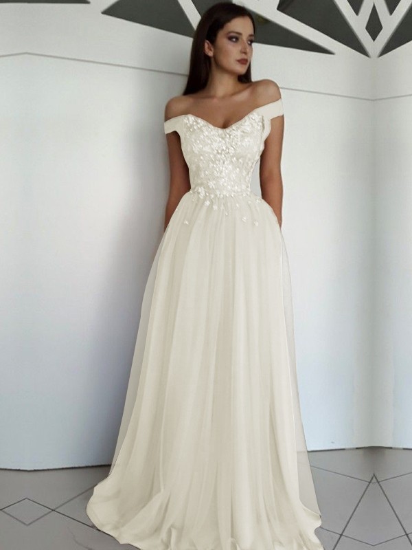 A-Line/Princess Sleeveless Off-the-Shoulder Floor-Length Applique Tulle Dresses 4549