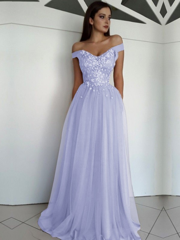 A-Line/Princess Sleeveless Off-the-Shoulder Floor-Length Applique Tulle Dresses 4549