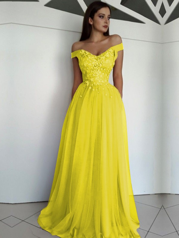 A-Line/Princess Sleeveless Off-the-Shoulder Floor-Length Applique Tulle Dresses 4549