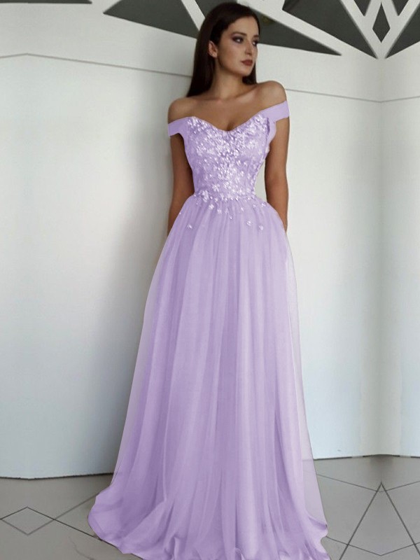 A-Line/Princess Sleeveless Off-the-Shoulder Floor-Length Applique Tulle Dresses 4549