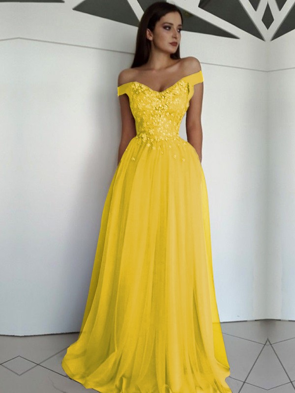 A-Line/Princess Sleeveless Off-the-Shoulder Floor-Length Applique Tulle Dresses 4549