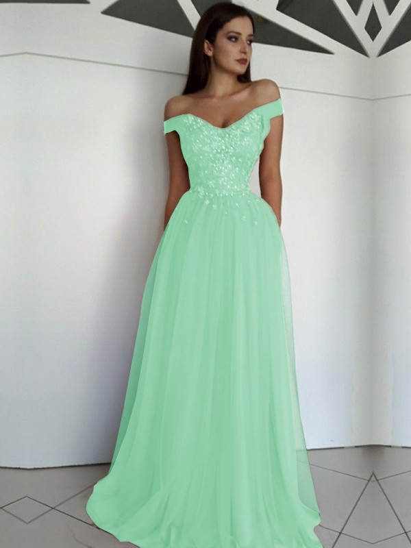 A-Line/Princess Sleeveless Off-the-Shoulder Floor-Length Applique Tulle Dresses 4549