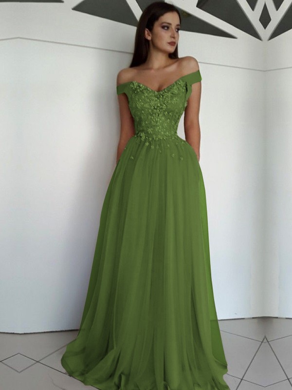 A-Line/Princess Sleeveless Off-the-Shoulder Floor-Length Applique Tulle Dresses 4549