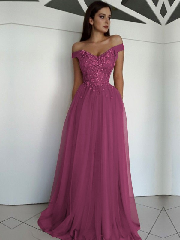 A-Line/Princess Sleeveless Off-the-Shoulder Floor-Length Applique Tulle Dresses 4549