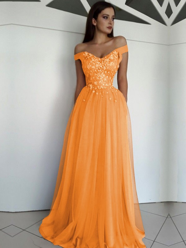 A-Line/Princess Sleeveless Off-the-Shoulder Floor-Length Applique Tulle Dresses 4549