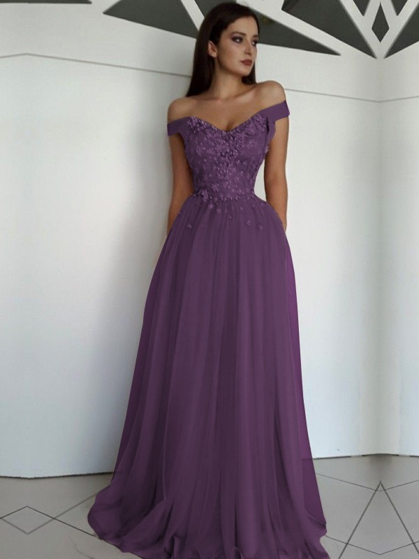 A-Line/Princess Sleeveless Off-the-Shoulder Floor-Length Applique Tulle Dresses 4549