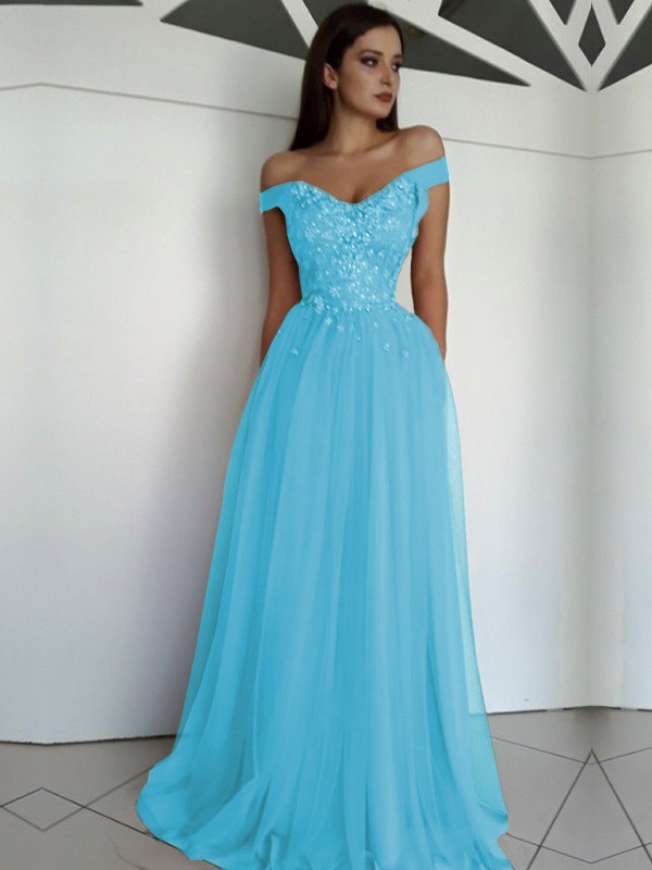 A-Line/Princess Sleeveless Off-the-Shoulder Floor-Length Applique Tulle Dresses 4549