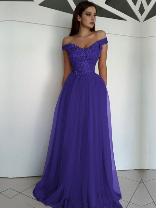 A-Line/Princess Sleeveless Off-the-Shoulder Floor-Length Applique Tulle Dresses 4549