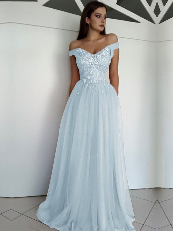 A-Line/Princess Sleeveless Off-the-Shoulder Floor-Length Applique Tulle Dresses 4549