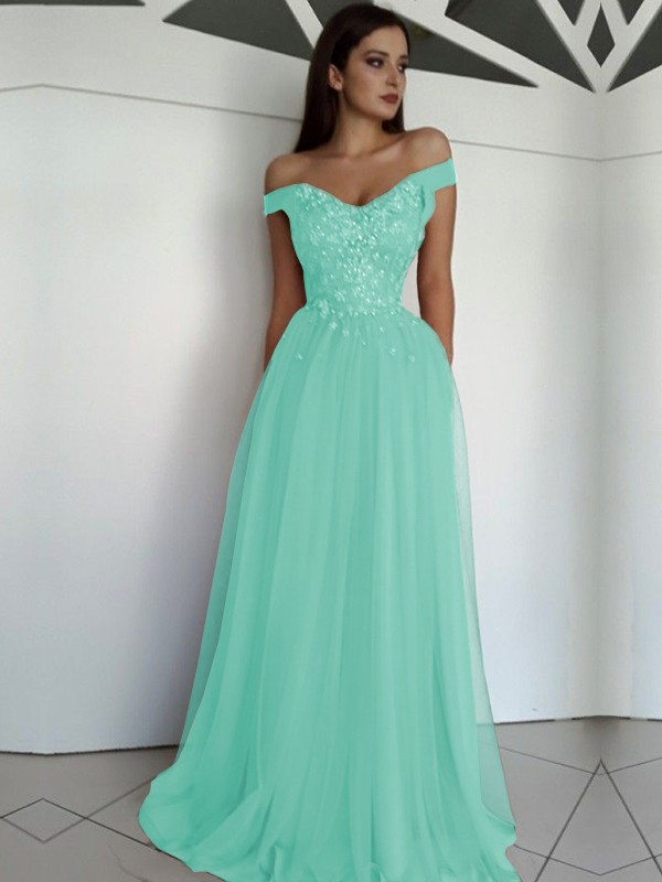 A-Line/Princess Sleeveless Off-the-Shoulder Floor-Length Applique Tulle Dresses 4549