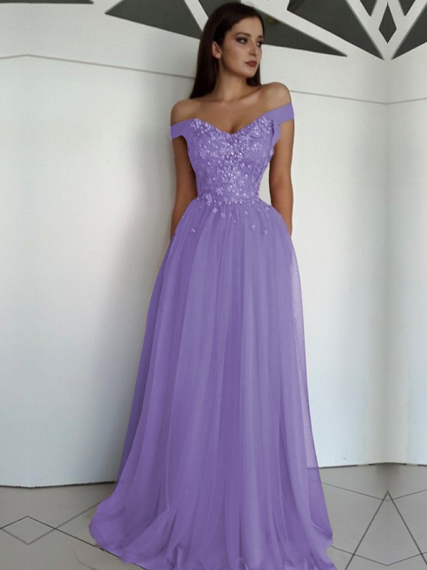 A-Line/Princess Sleeveless Off-the-Shoulder Floor-Length Applique Tulle Dresses 4549