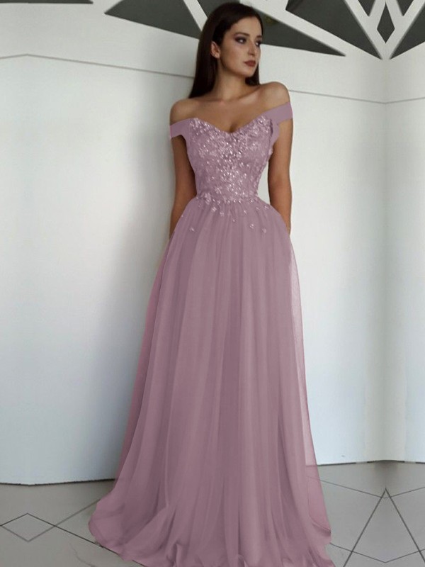 A-Line/Princess Sleeveless Off-the-Shoulder Floor-Length Applique Tulle Dresses 4549