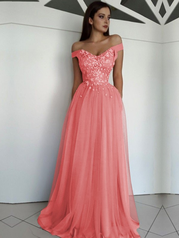 A-Line/Princess Sleeveless Off-the-Shoulder Floor-Length Applique Tulle Dresses 4549