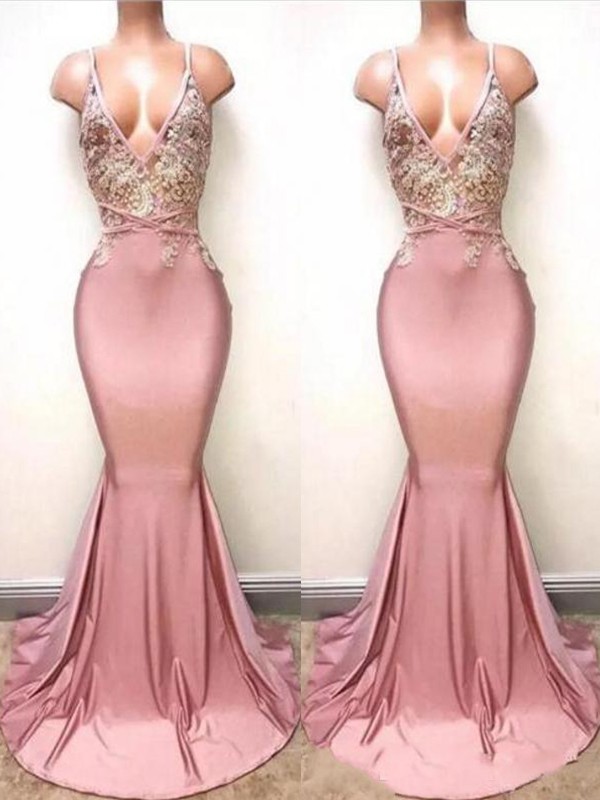 Trumpet/Mermaid Sleeveless V-neck Sweep/Brush Train Lace Charmeuse Dresses 7388