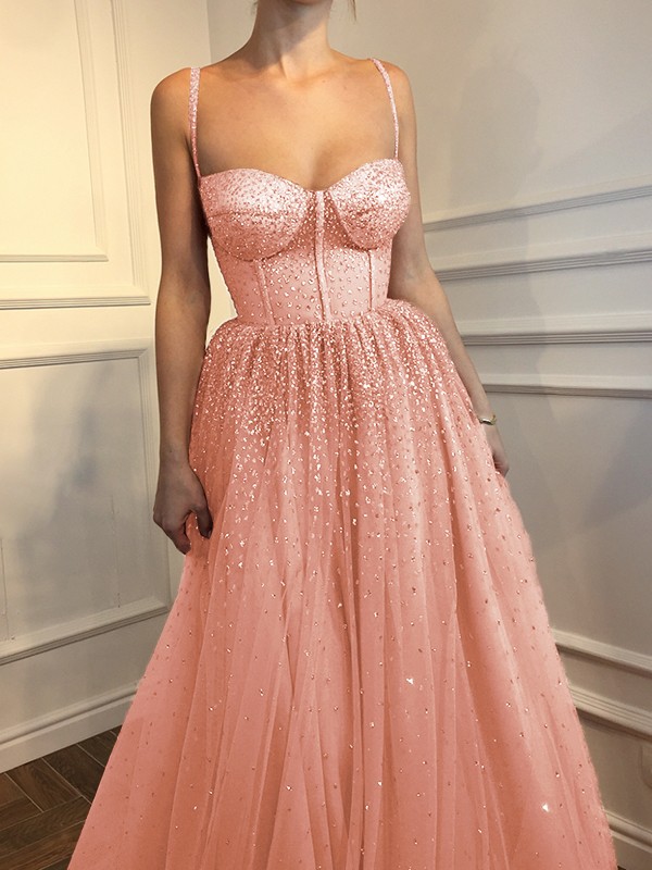 A-Line/Princess Sleeveless Spaghetti Straps Floor-Length Rhinestone Tulle Dresses 4597