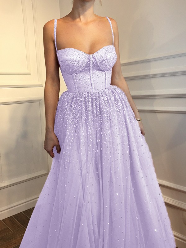 A-Line/Princess Sleeveless Spaghetti Straps Floor-Length Rhinestone Tulle Dresses 4597