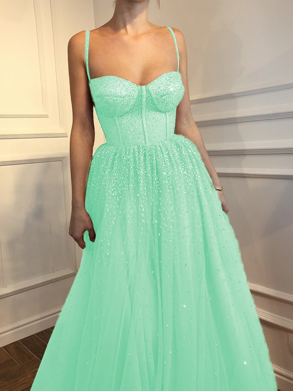 A-Line/Princess Sleeveless Spaghetti Straps Floor-Length Rhinestone Tulle Dresses 4597