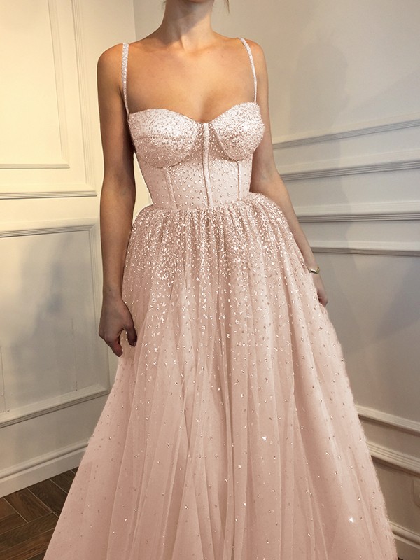 A-Line/Princess Sleeveless Spaghetti Straps Floor-Length Rhinestone Tulle Dresses 4597