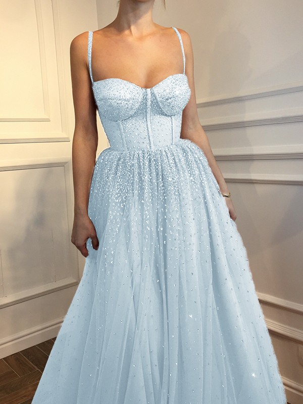 A-Line/Princess Sleeveless Spaghetti Straps Floor-Length Rhinestone Tulle Dresses 4597