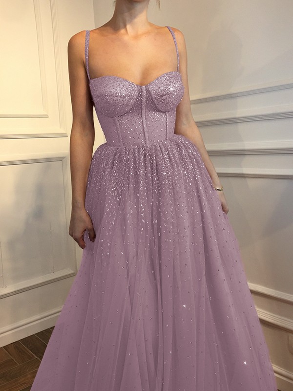 A-Line/Princess Sleeveless Spaghetti Straps Floor-Length Rhinestone Tulle Dresses 4597