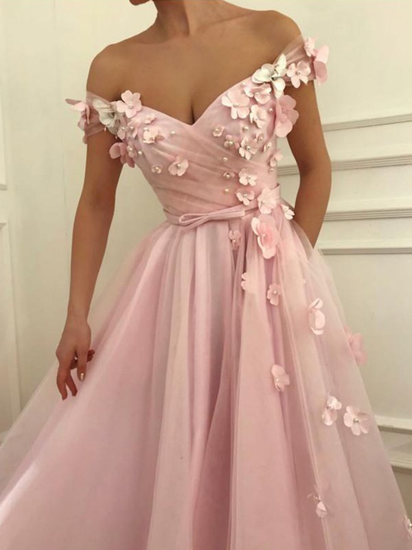 A-Line/Princess Sleeveless Off-the-Shoulder Floor-Length Applique Tulle Dresses 4550