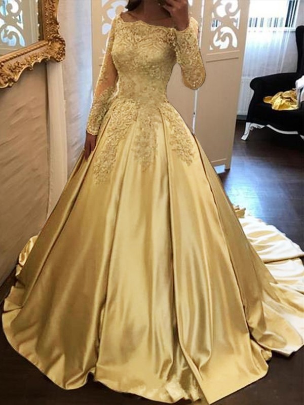 Ball Gown Long Sleeves Off-the-Shoulder Chapel Train Applique Satin Dresses 5643