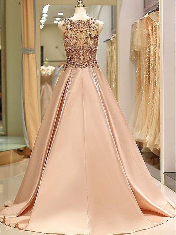 Ball Gown Sleeveless Bateau Sweep/Brush Train Beading Satin Dresses 5693