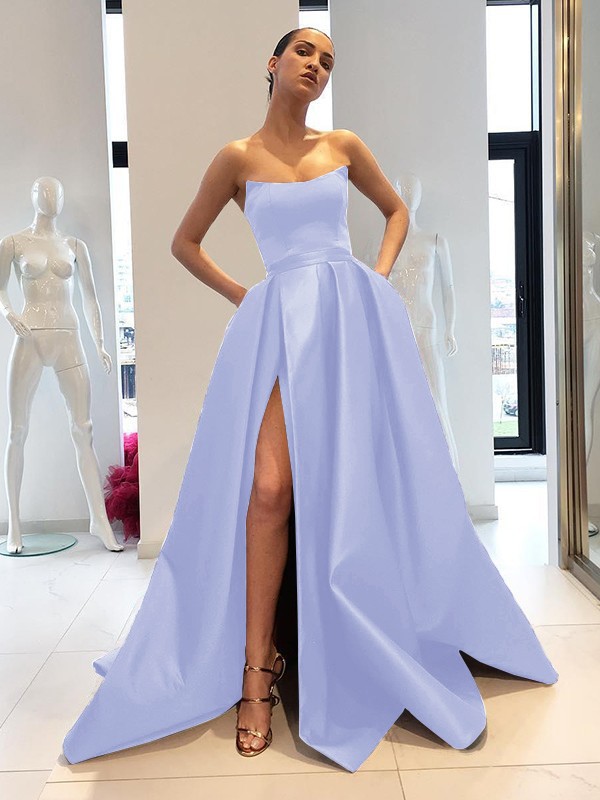 Ball Gown Sleeveless Strapless Sweep/Brush Train Ruffles Satin Dresses 5718