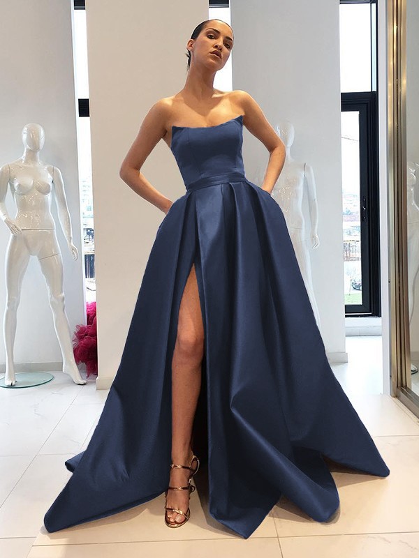 Ball Gown Sleeveless Strapless Sweep/Brush Train Ruffles Satin Dresses 5718