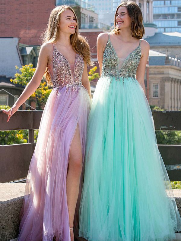 A-Line/Princess Sleeveless V-neck Floor-Length Beading Tulle Dresses 4651