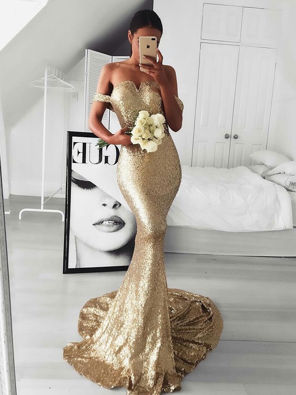 Trumpet/Mermaid Sleeveless Off-the-Shoulder Sweep/Brush Train Ruffles Sequins Dresses 7341