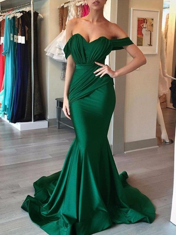 Trumpet/Mermaid Sleeveless Off-the-Shoulder Sweep/Brush Train Ruffles Spandex Dresses 7343