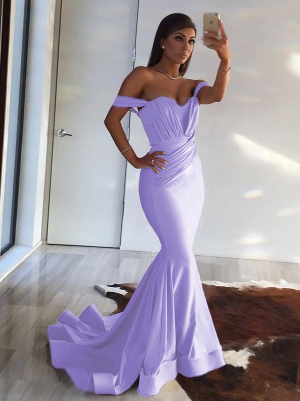 Trumpet/Mermaid Sleeveless Off-the-Shoulder Sweep/Brush Train Ruffles Spandex Dresses 7343