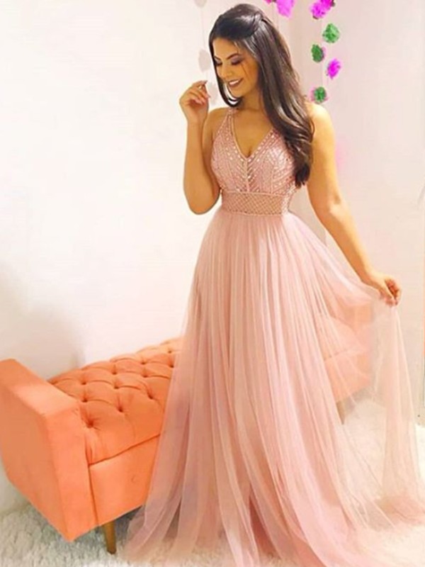 A-Line/Princess Sleeveless V-neck Sweep/Brush Train Crystal Tulle Dresses 4666