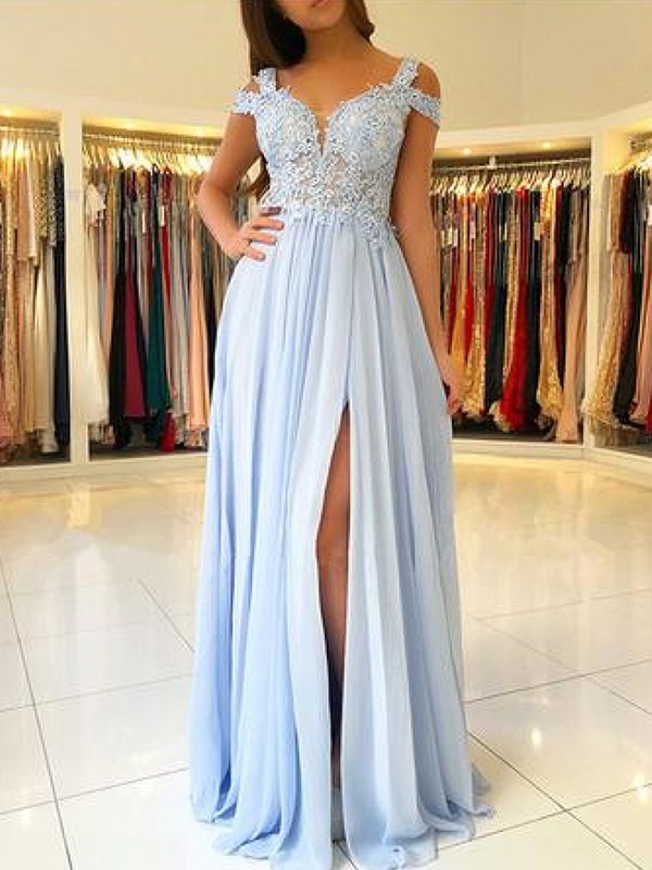 A-Line/Princess Sleeveless Off-the-Shoulder Floor-Length Applique Chiffon Dresses 4547