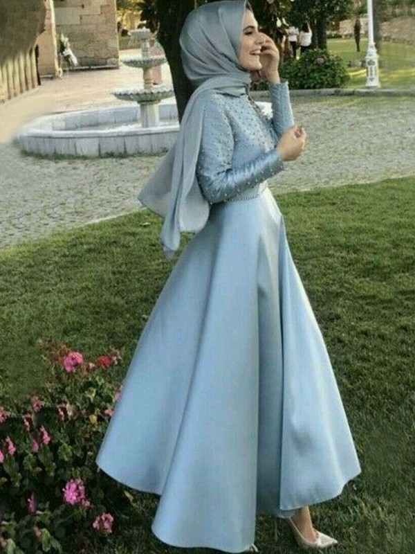 A-Line/Princess Long Sleeves Scoop Floor-Length Beading Satin Muslim Dresses 3763