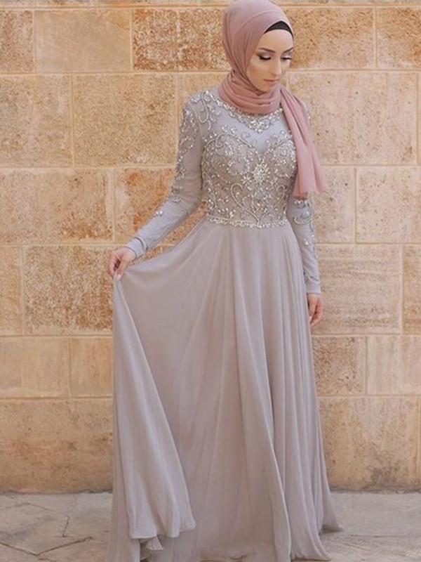 A-Line/Princess Long Sleeves Scoop Sweep/Brush Train Crystal Chiffon Muslim Dresses 3768